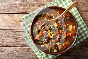 Vegetable soup with ground beef close-up in a bowl. horizontal t