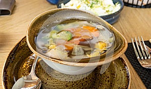 Vegetable Soup, Healthy Vegetarian Meal, Diet Dinner, Transparent Vegetable Broth with Carrots