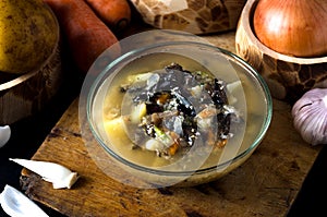 Vegetable soup mushrooms glass bowl mushrooms