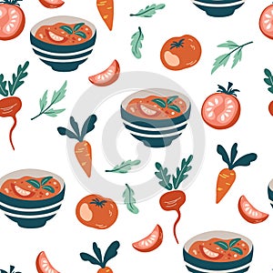 Vegetable soup seamless pattern. Organic Vegetarian Healthy Food. Farm market product. Great for menu, packaging design, fabric.