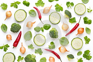 Vegetable and spices isolated on white background, top view. Wallpaper abstract composition of vegetables.