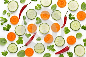 Vegetable and spices isolated on white background, top view. Wallpaper abstract composition of vegetables