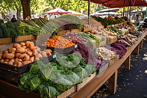 vegetable stand at farmers market, with fresh and colorful vegetables on display