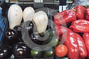 Vegetable red peppers, Courgettes and aubergines photo