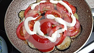 Vegetable stew of eggplants and tomatoes with garlic and mayonnaise