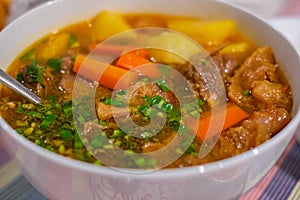 Vegetable stew with meat and potatoes served in a plate on a kitchen table at home. Beef stew farm-style