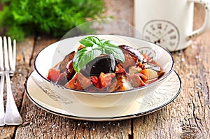 Vegetable stew with potatoes, cabbage, carrots, mushrooms and onions.