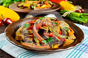 Vegetable stew salad: bell pepper, eggplant, asparagus beans, garlic, carrot, leek. Bright spicy aromatic dishes