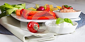 Vegetable sticks with herb and tomato dip