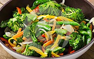 Vegetable stir fry in a pan.