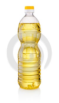 Vegetable or sunflower oil in plastic bottle isolated on white background