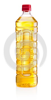 Vegetable or sunflower oil in plastic bottle isolated on white background