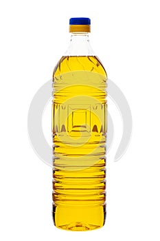 Vegetable or sunflower oil in plastic bottle isolated on white background