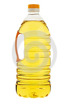 Vegetable or sunflower oil in a plastic bottle, isolated on white background, full depth of field. File contains clipping path