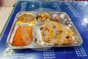 Vegetable Thali in a eatery of Varanasi Junction railway station, Ind