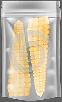 Vegetable in vaccum food packaging tray wrapped with polyethylene. Evacuated corn in plastic