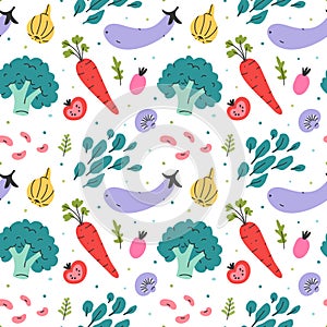 Vegetable variety seamless vector pattern of hand drawn delicious vegetarian raw products. Repeat backgrop with cooking fresh tast