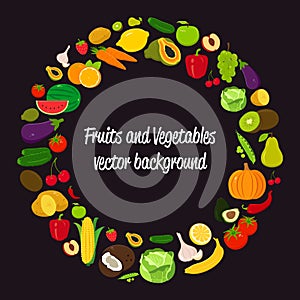 Vegetable vector circle background. Fruits and Vegetables icons. Modern flat design. Healthy food background. Vector