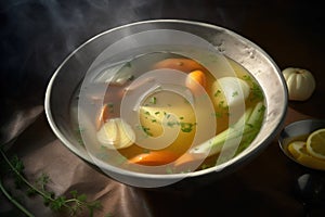 Vegetable vegetarian soup with potato, carrot, onion, celery in metal plate bowl on dark tablecloth background