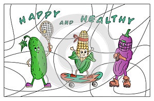 Vegetables are actively involved in sports demonstrating a healthy lifestyle. Carton Doodles hand drawn funny color vector