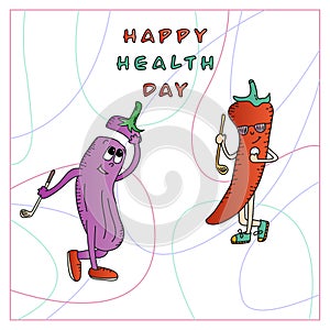 Vegetables are actively involved in sports demonstrating a healthy lifestyle. Carton Doodles hand drawn funny color vector