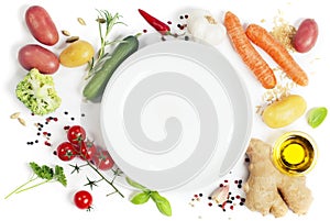 Vegetables around empty white plate