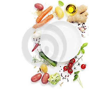 Vegetables around empty white plate