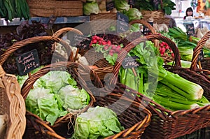 Vegetables in the baskets inside the market