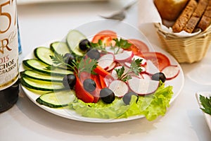 Vegetables beautifully sliced on a white dish. Cucumber, red tomato, red bell pepper, olives, radish, parsley leaf beautifully ser