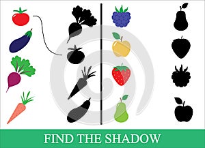 Vegetables, berries and fruits. Find the correct shadow. Game for children. Vector illustration.