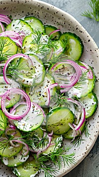 vegetables in a bowl, cucumber salad with onions and pepper