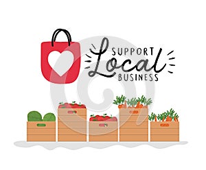 Vegetables boxes with support local busines vector design