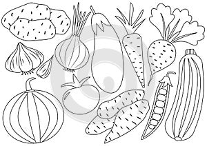 Vegetables cartoon set, icons. Coloring book.
