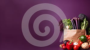 vegetables in cloth bags on purple background. - Generative ai