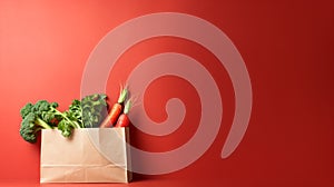 vegetables in cloth bags on red background. - Generative ai