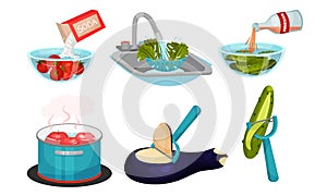 Vegetables Cooking with Water Steeping and Peeling Process Vector Set