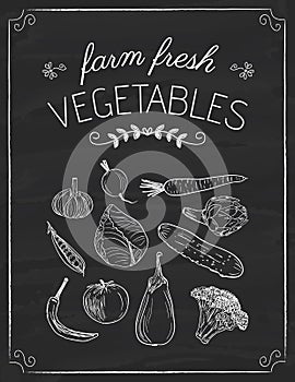 Vegetables doodle on the black board