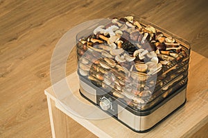 Vegetables dryer on wooden table with wooden background. Preparing for drying mushrooms