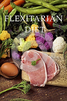 Vegetables, eggs and meat and text flexitarian diet