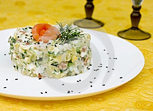 Vegetables eggs salted salmon festive salad