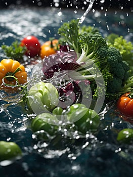 vegetables fall into the water and there is a splash of water and it follows the flow of the river