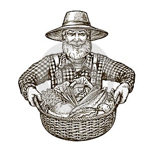 Vegetables. Farmer with basket in hands. Sketch vector