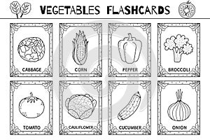Vegetables flashcards black and white set. Flash cards collection for coloring