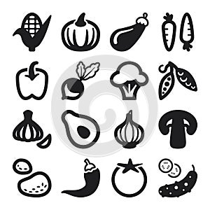 Vegetables flat icons. Black