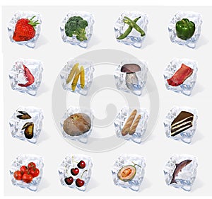 Vegetables and food frozen in ice cubes