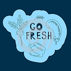 Vegetables food hand drawn line stiker. Text Go Fresh. Healthy meal, diet, nutrition or lifestyle. Organic food