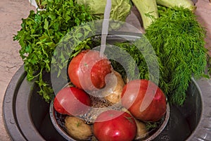 Vegetables food kitchen sink wet red organic fruits tomato domes
