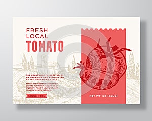 Vegetables Food Label Template. Abstract Vector Packaging Design Layout. Modern Typography Banner with Hand Drawn Tomato