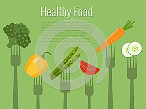 Vegetables on forks. Healthy food vector illustration.