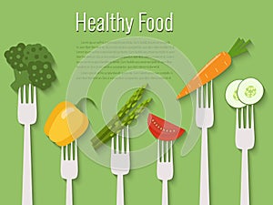 Vegetables on forks. Healthy food vector illustration.